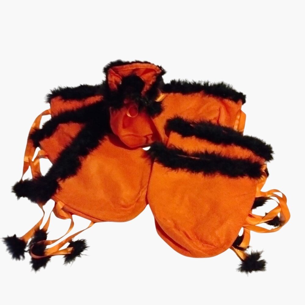 Halloween Gift Bag Fur Trim Trick Or Treat Orange Black Fuzzy Poms Lot 10